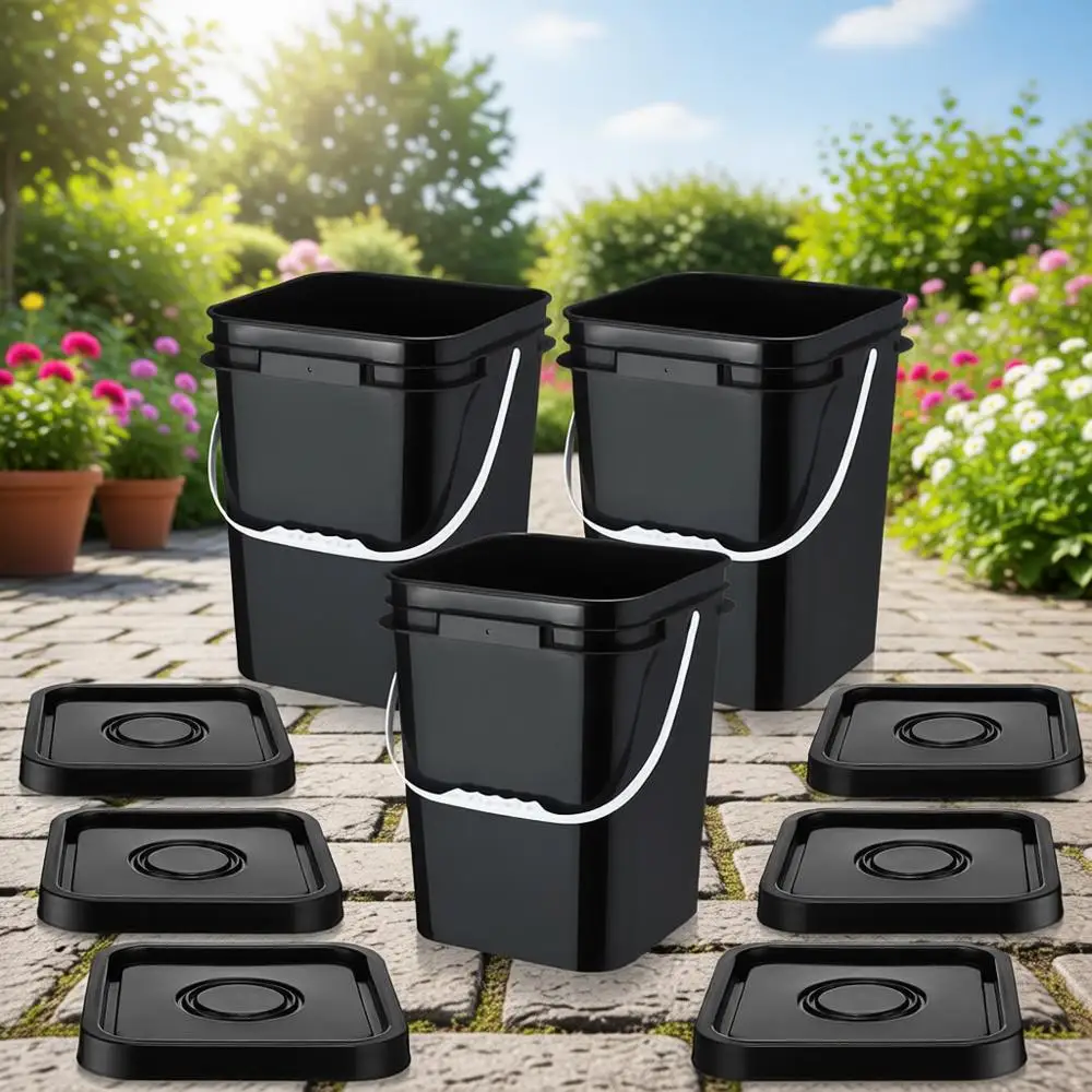 

Набор из 6 прочных квадратных пластиковых ведер объемом 5 галлонов с крышками для хранения, рукоделия и покраски (черные)
