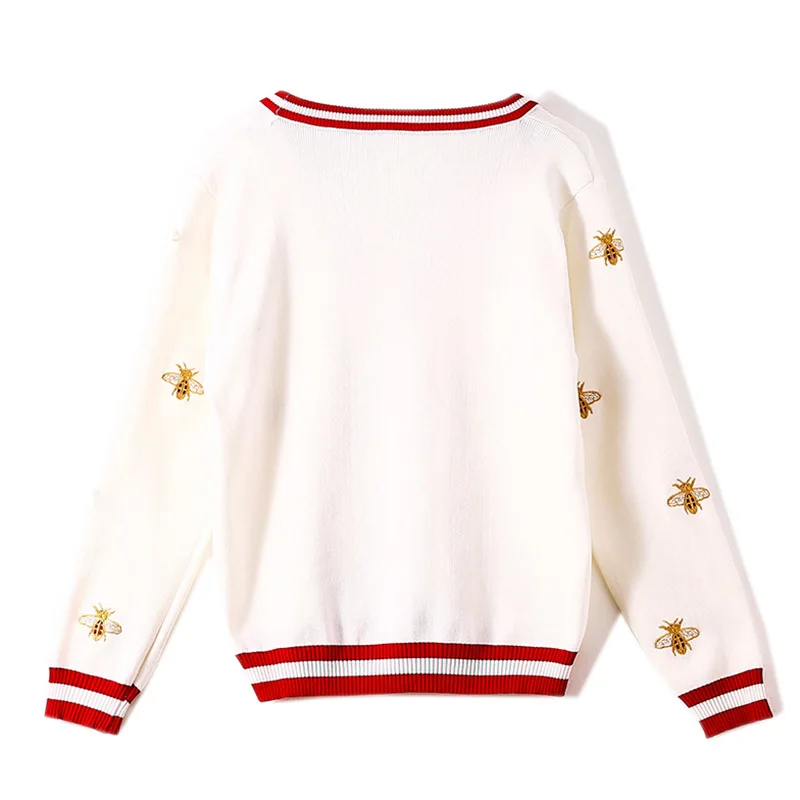 A Women's Cropped Sweaters Female Bee Embroidery V Neck Single Breasted Woman Knitted Cardigan Factory Sales