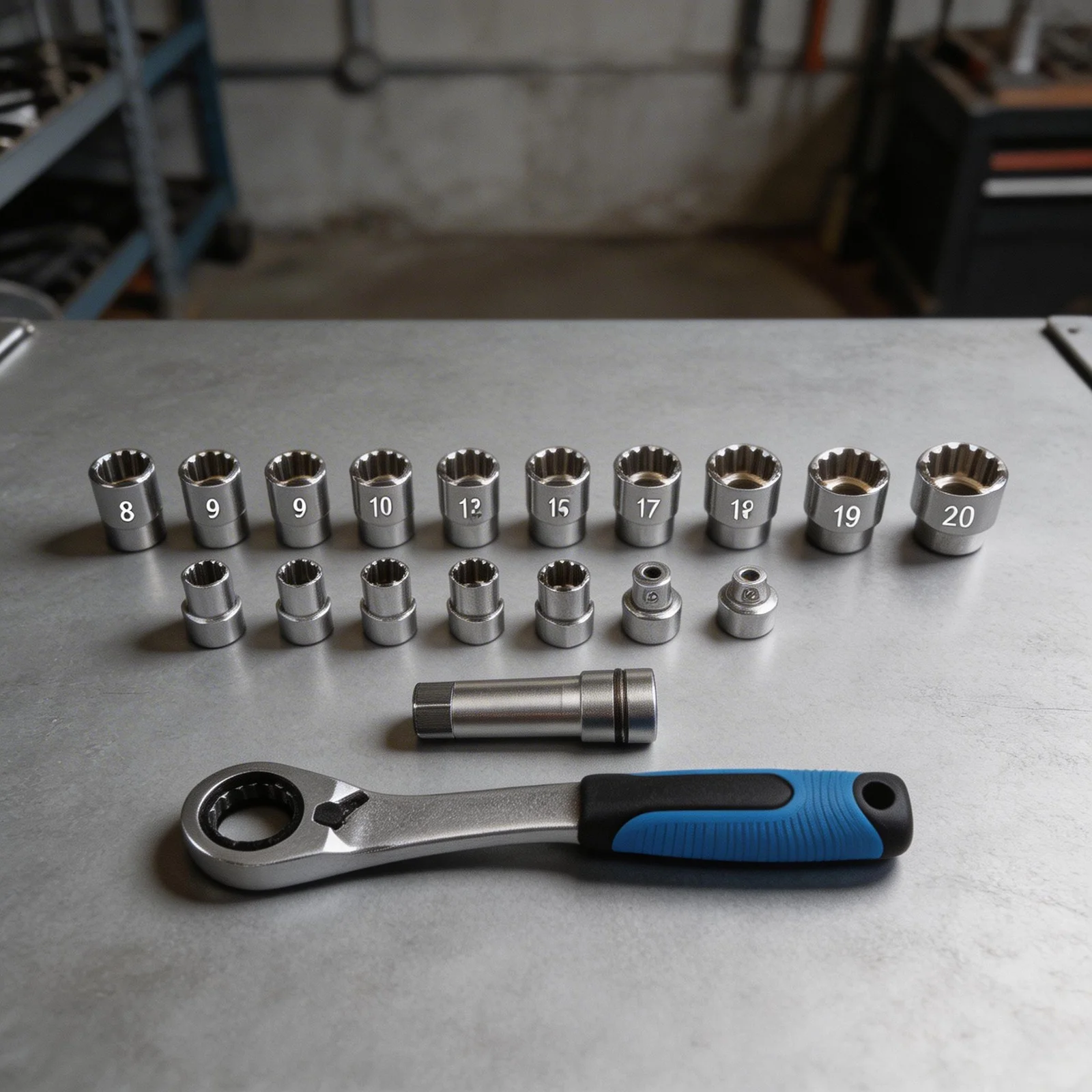 Through Hole Ratchet Socket Set 17-Piece: 10-24mm 12-Point Sockets 19mm Ratchet 19mm Extension 3/8in & 1/2in Adapters