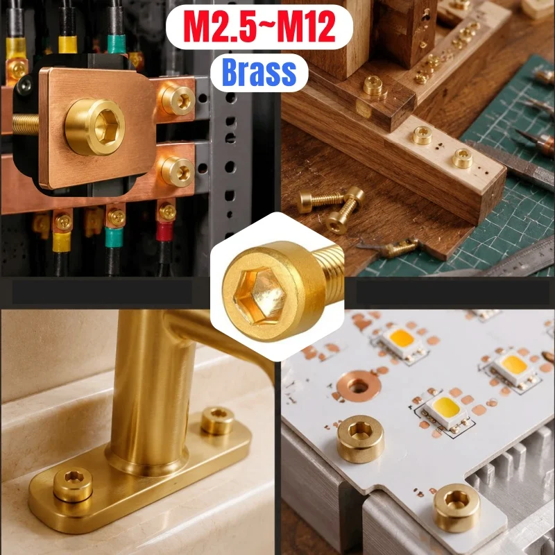 1~50pcs Brass Hex Socket Cap Head Screws DIN912 Allen Key Head Brass Screw Bolt M2.5 M3 M4 M5 M6 M8 M10 M12