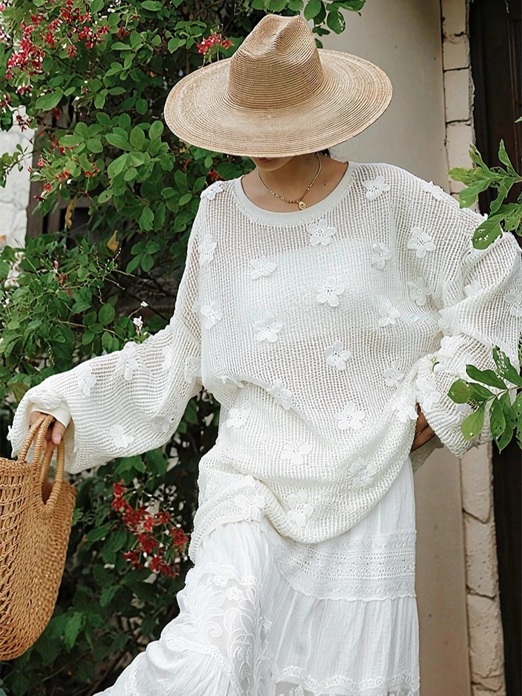 

130cm Bust Fall Oversized Sweaters Women Elegant Loose Luxury Three-Dimensional Flowers Hollowed Out Pullover Knitted Sweaters