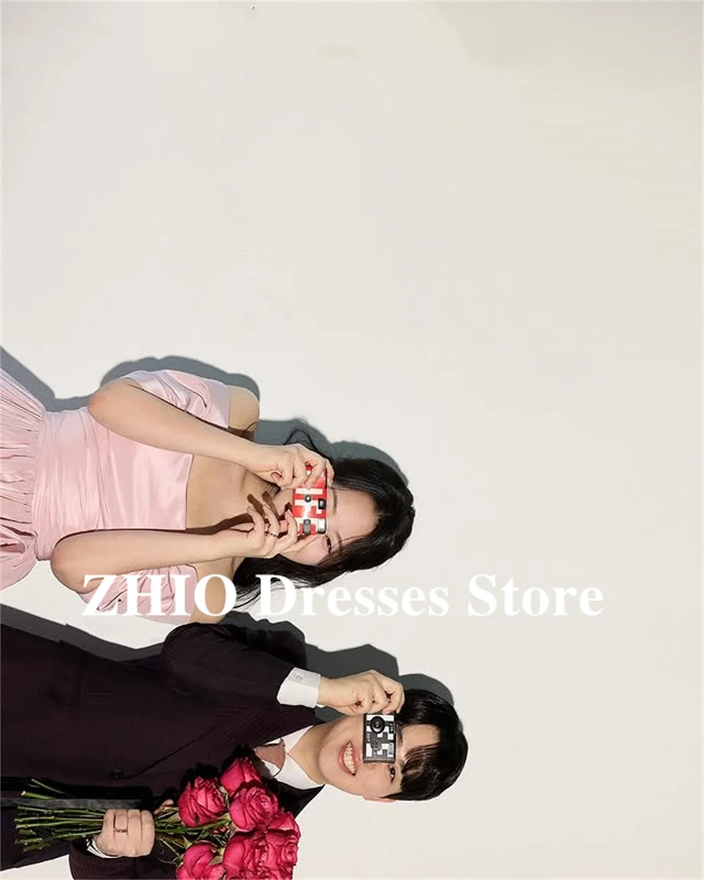 ZHIO โมเดิร์นสีชมพูปิดไหล่เกาหลีชุดถ่ายภาพความยาวชั้น Pleat Taffeta ชุดเจ้าสาวที่กําหนดเองรัดตัวกลับ 