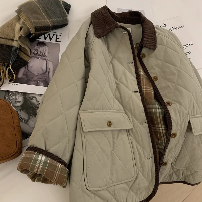 

SuperAen толстая хлопковая стеганая куртка контрастного цвета с воротником-поло ромбовидной формы женская осенне-зимняя новая мода повседневное пальто