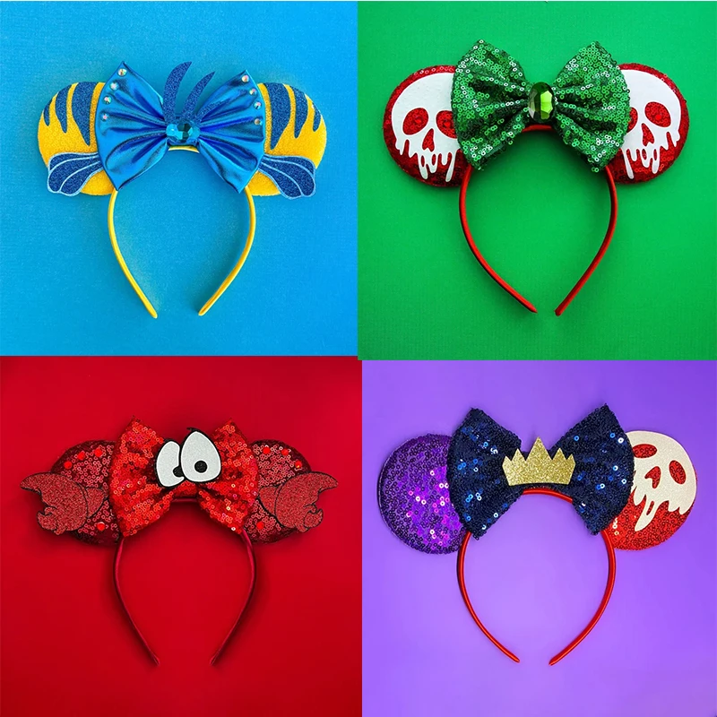 

Disney Anime Snow White Ears Headbands Women Evil Queen Skeleton Hairbands Girls Sequins Bow Hair Accessories Kids Cosplay Party