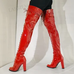 LAIGZEM Women Thigh High Boots Full Zip Round Toe Thick Heels Over Knee Boots Wide Calf Friendly Shoes Woman Big Size 41 45 52