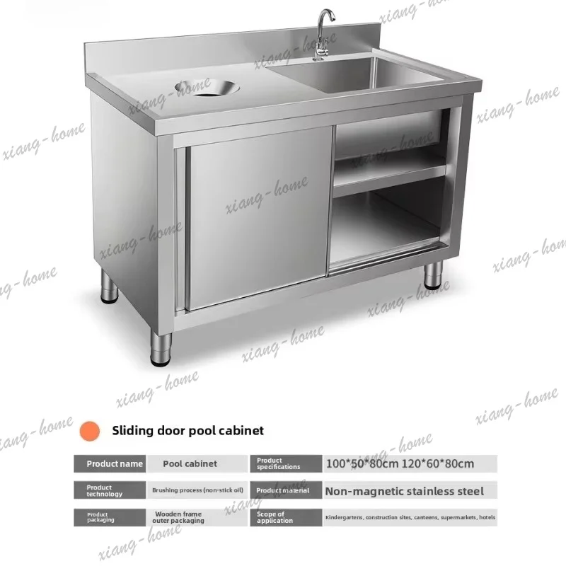 PG  Stainless Steel Sliding Door Sink Cabinet Single Sink Vegetable Washing Dishwashing Basin Workbench Bowl