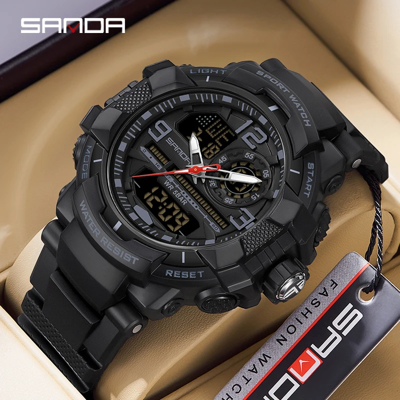 SANDA Military Outdoor Sport Men's Electronic Watch Waterproof LED Analog Digital Double Display Quartz Chronograph Wristwatch