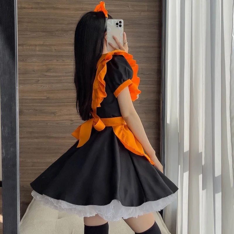 Orange Retro Pumpkin Uniform Cosplay Bat Vampire Maid Cosplay Halloween Costumes Lolita Maid Dress Party Maid Role Play Outfits