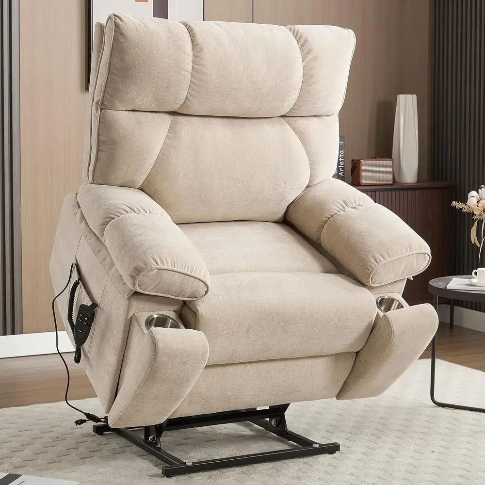 

Dual Motor Power Recliner for Elderly with Vibration Massage, Lumbar Heating, and Cup Holders in Beige Chenille Fabric