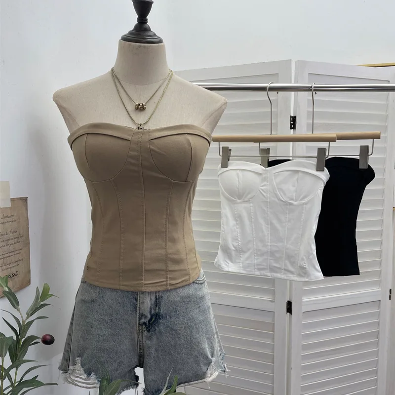 Sexy Curve Enhancing Padded Anti Slip Strips Spicy Girl Strapless Blouse Blouse with Smocked Elastic Partyclub Chic Outfits 8151