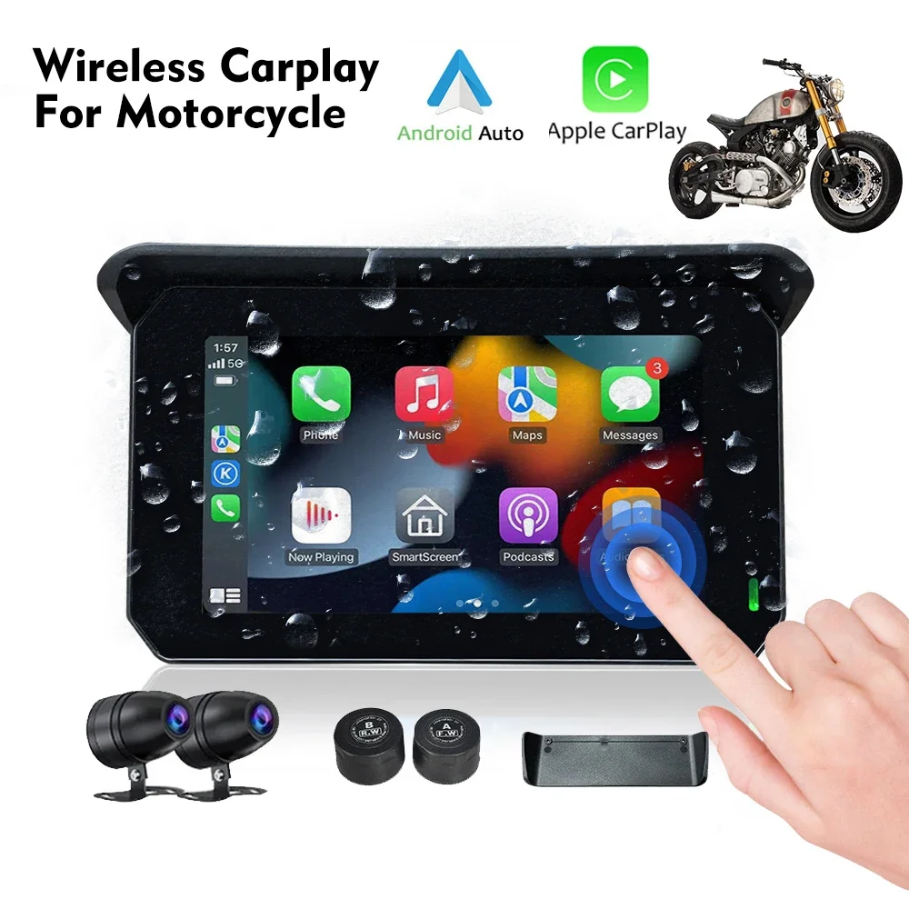 

5 Inch Motorcycle GPS Navigator CarPlay Touch Monitor with DVR IPX6 Waterproof Wireless Apple CarPlay Wireless Android Auto