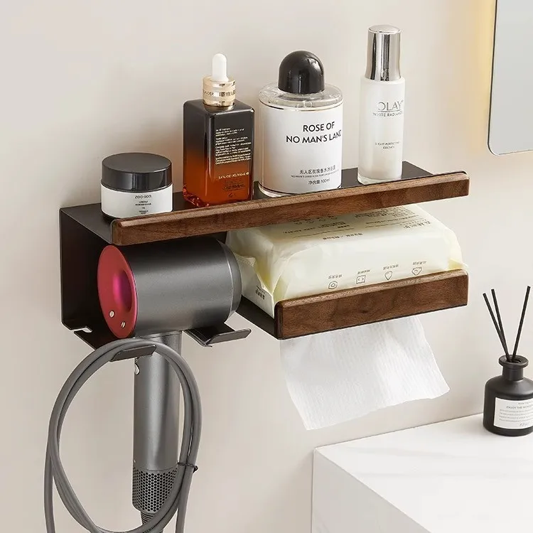 No Drill Walnut Wood Bathroom Hair Dryer Holder Shelf Wall Mounted Organizer Optional Tissue Rack Storage Designs Vanity Shower