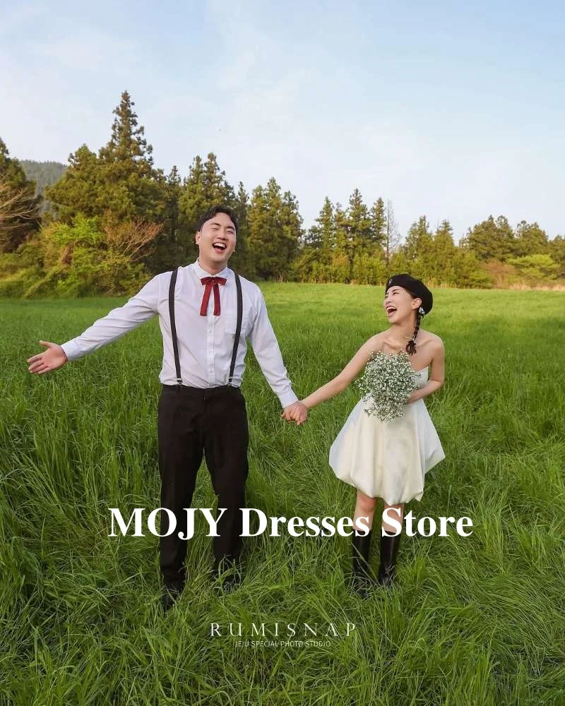 Mojy Мини Простые Короткие Свадебные Платья Корея Фотосессия Без Бретелек Принцесса Пляжные Свадебные Платья Формальный День Рождения Индивидуальные