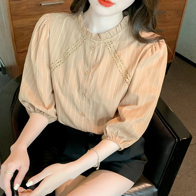 جديد الصيف النمط الفرنسي الخشب الفطريات الرقبة فضفاضة القطن المرأة قميص مزاجه خمس نقاط كم بلون أعلى