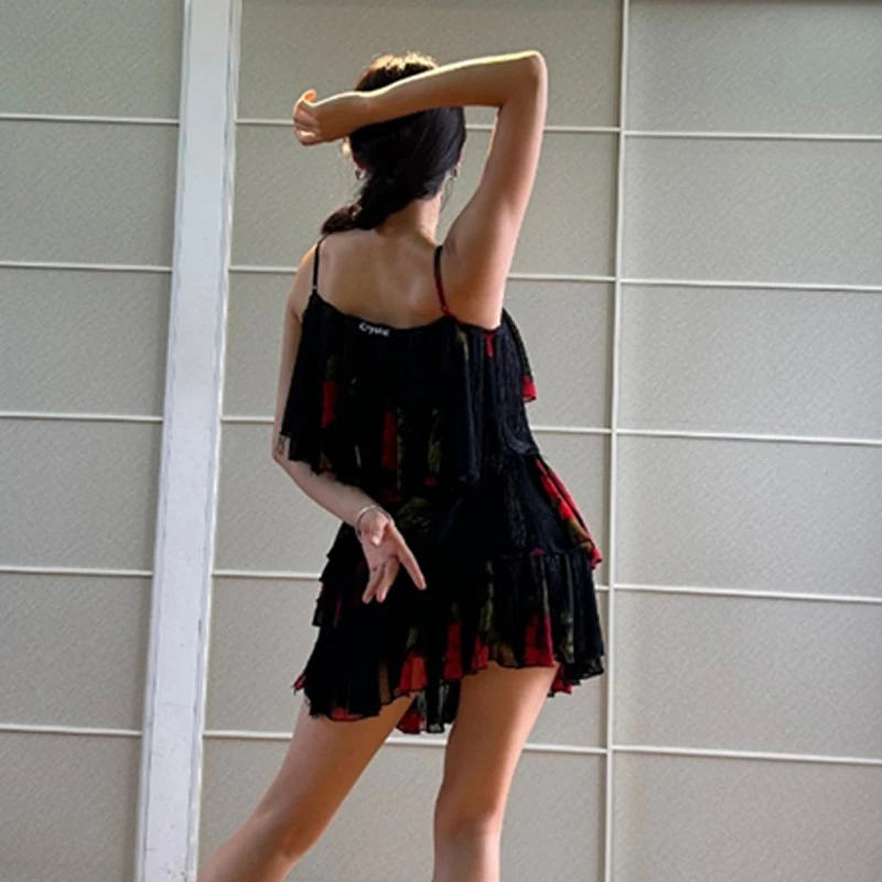 Vestido de baile latino sin mangas para mujer, Tops con borlas, falda esponjosa, traje de competición de baile Tango Cha, ropa perforadora de escenario