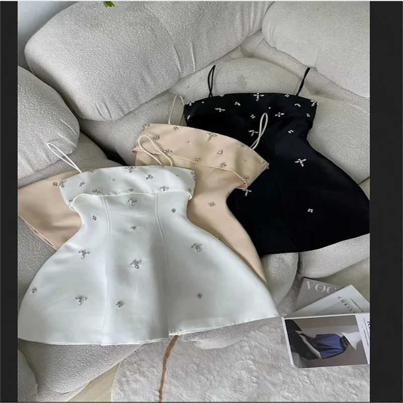 

White Satin Mini robes de soirée Beading Appliques Elegant Sleeveless Prom Dresses Spaghetti Strap Short Mini Wedding Dress