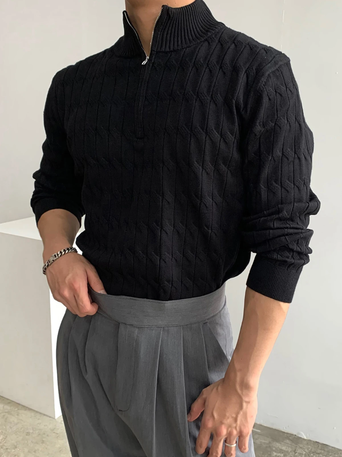 

Bla Retro f Zipper Stand Collar Knitted Sweater Men's Textured Heavyweight Hoodie Casual Sle Spring Autumn Wear