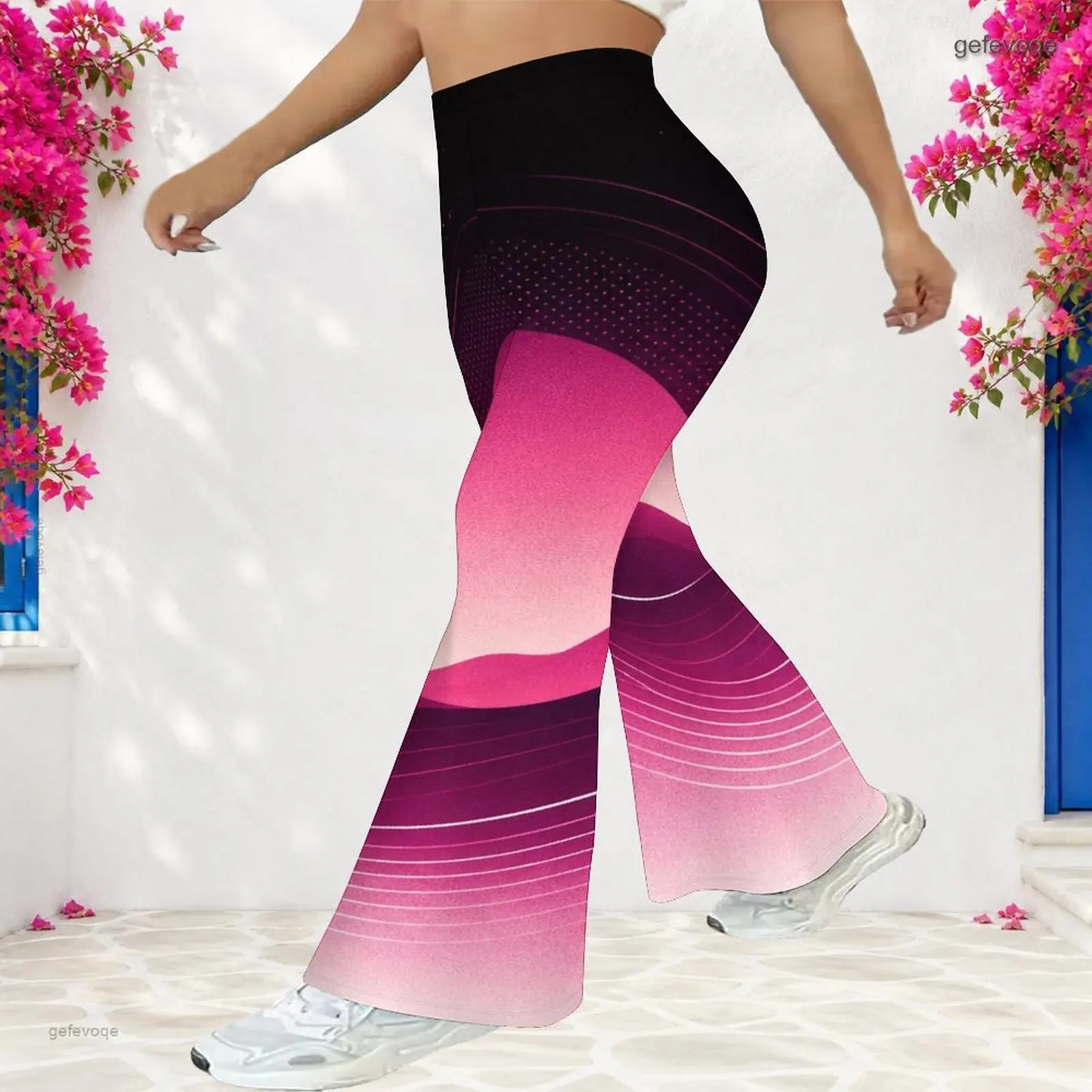 Women High Waist Full Length Gradient Black Pink Wavy Printed Flared Pants