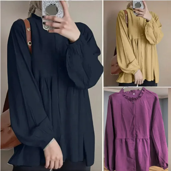 

2025 новый женский свободный однотонный кардиган с рукавами-фонариками и рюшами на краях, круглый вырез, однотонный универсальный топ