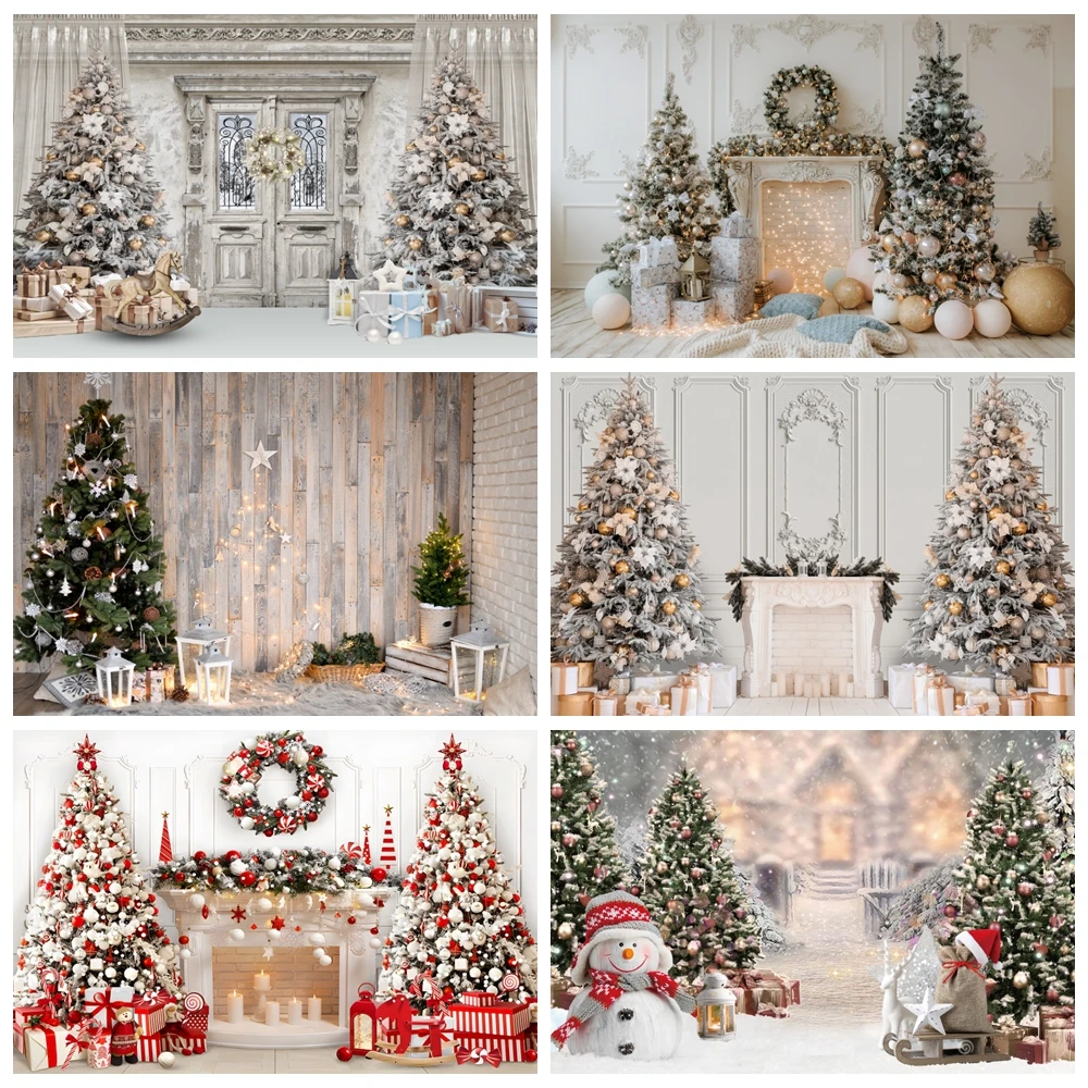 

White Christmas Photography Backdrop Xmas Tree Interior Fireplace Winter Merry Christmas Baby Family Portrait Photo Background