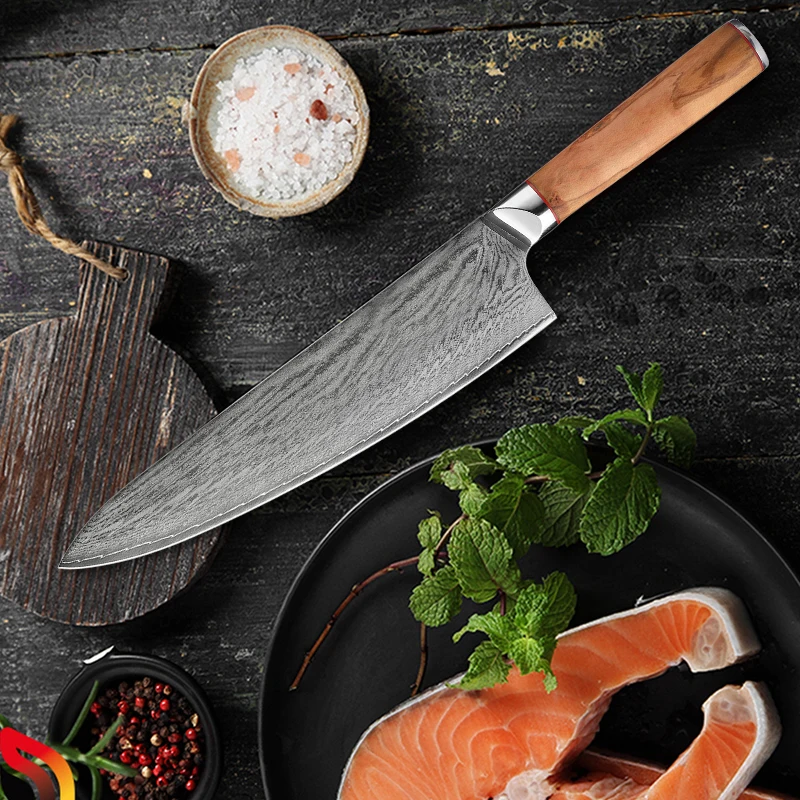 

Chef Knife 67-layers Damascus AUS-10 Steel Blade Olive Wood Handle Cleaver Slicing Gyutou Japanese Kitchen Knife Cooking Tools