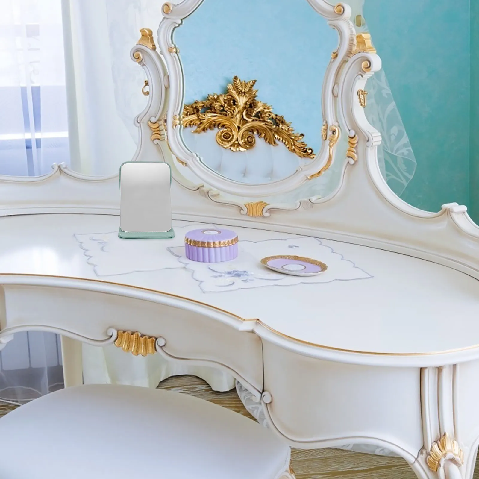 Portable Makeup Mirror Blue Green Folding Desktop Vanity Mirror Rectangular Compact Stand Ideal Travel Office Dorm Bathroom High