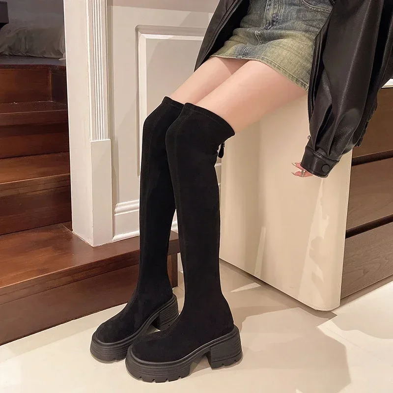 

Winter Fashion High Heels Women's Boots Solid Flock Round Toe Platform Concise Over-the-Knee Square Heel Stretch Boots 2024 New