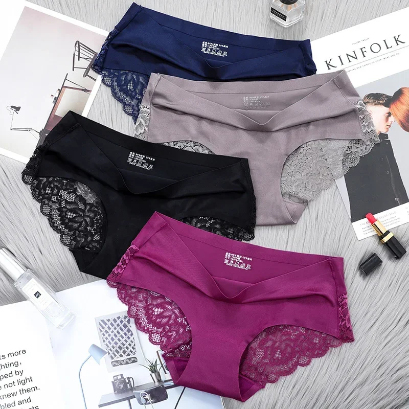 1Pcs Soft Women Seamless Panties Luxury Sexy Lace Silk Splice Underwear Breathable Intimate Brief Plus Size Panties