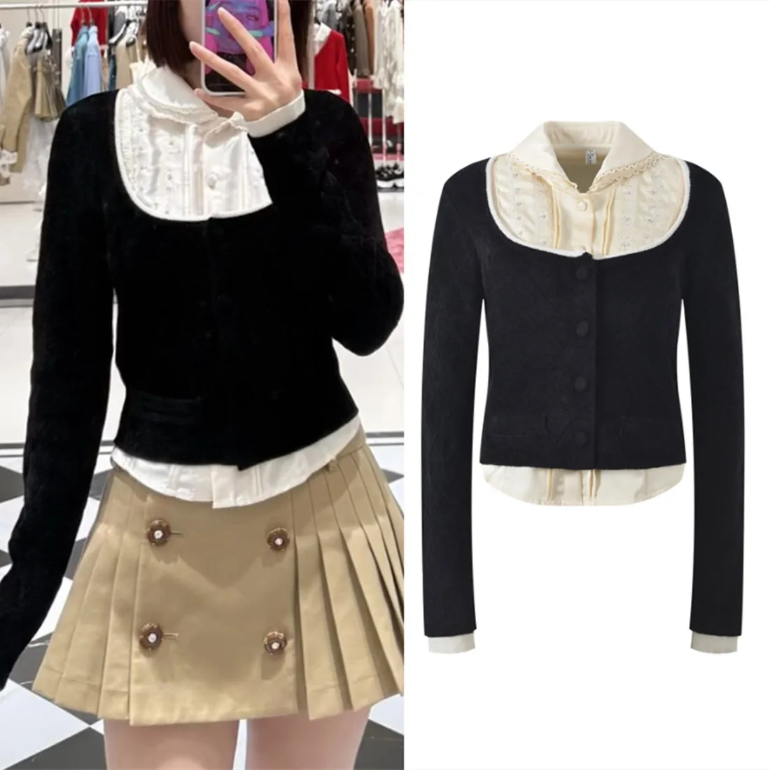 

Высококачественный европейский вязаный кардиган, двухслойный кукольный воротник, цвет Blo, искусственный дизайн из двух предметов, осень-зима, моя