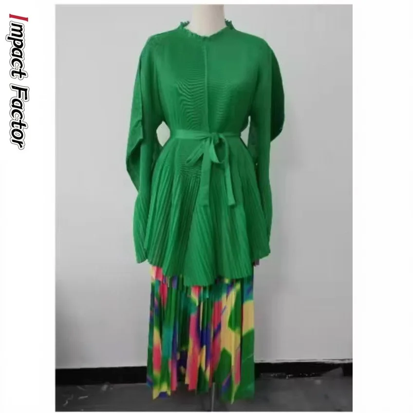 Miyake Fashion Printing Pleated 2 Pieces Set Women Belt Loose Tops + High Waist A-line Long Skirts 2025 Autumn New Sets