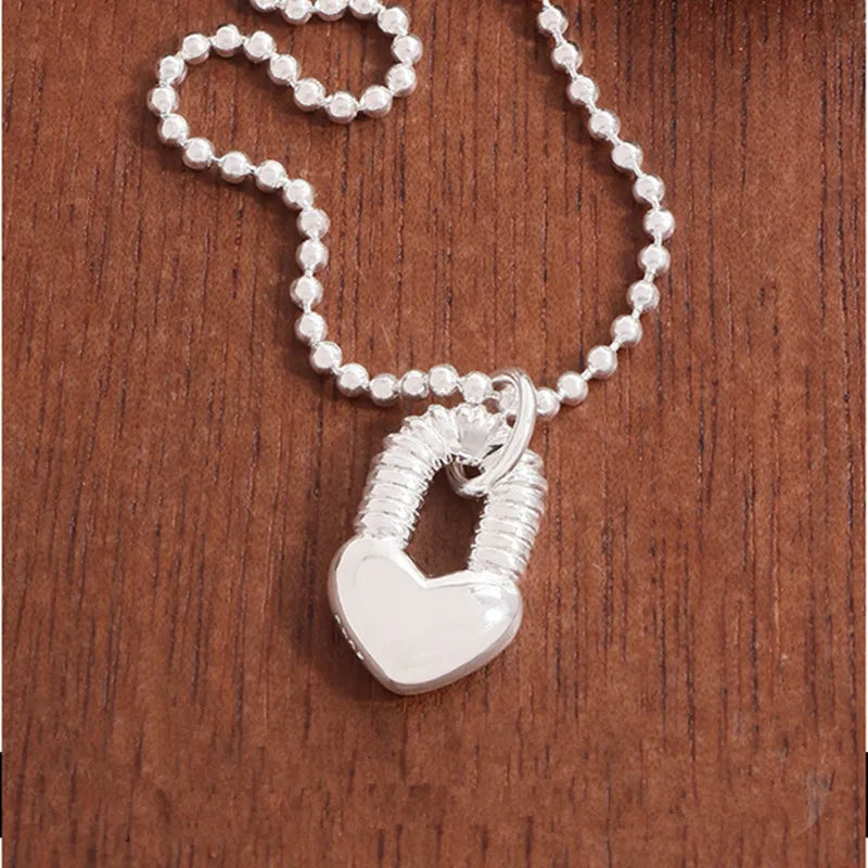 

S925 sterling silver women's necklace heart-shaped lock round bead chain popular fashion jewelry party accessories