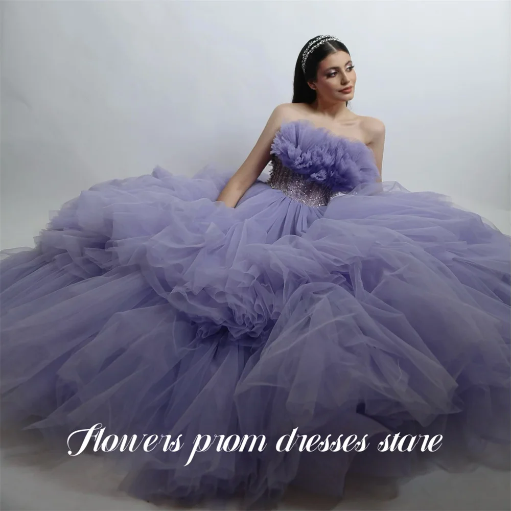 

Flowers Lavender Fairy Evening Dress Strapless Prom Dresses with Embellished Waist Formal Gown Ruffled robe de bal Customized