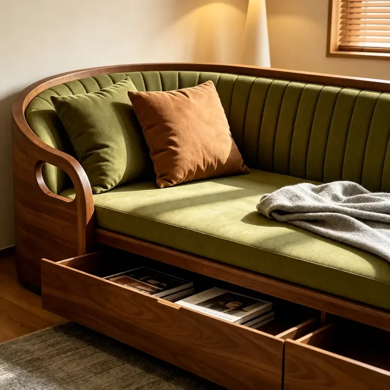 New Chinese Solid Wood Arhat Bed Beauty Chaise Longue 2026 Creative Tenon Mortise Storage Drawer Retro Style