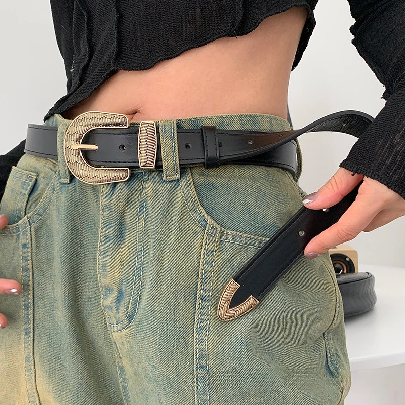 

Woman's Fashionable Belts 110cm Long Solid Color PU Belt Gold Color Metal Buckle Student Trendy Jeans Belt