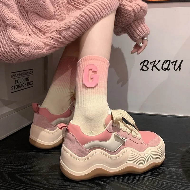 

BKQU 2024 Spring New Trend Wave Thick Soled Canvas Women Sports Japanese Bread Casual Board Shoes