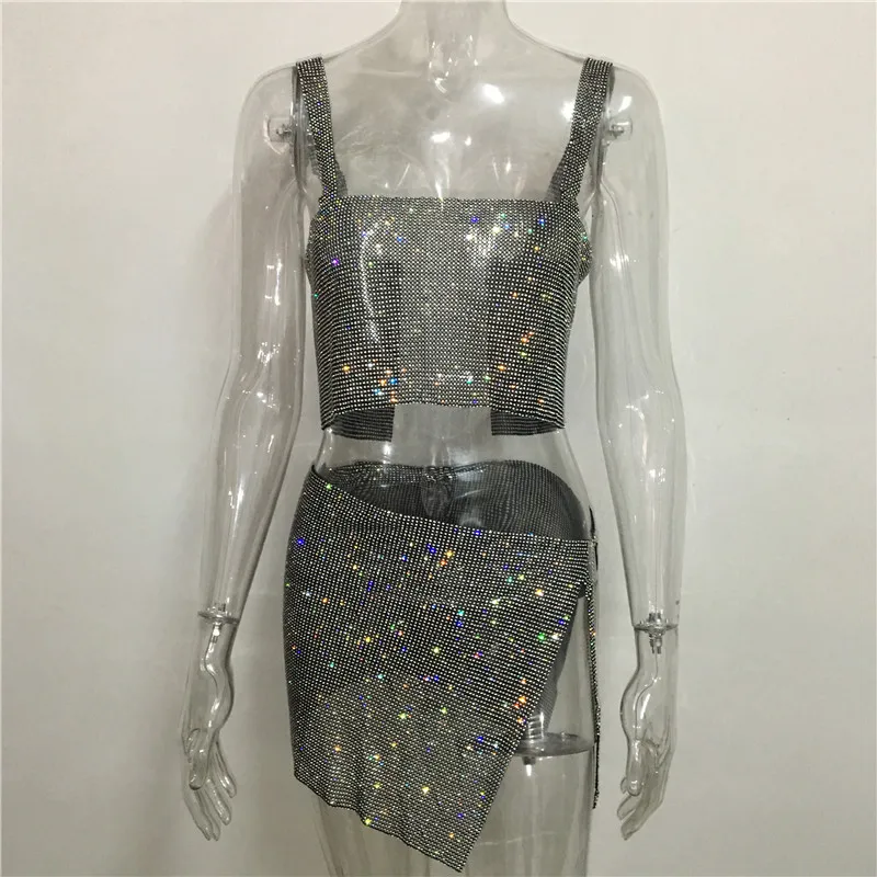 AKYZO Sleeveless Tank Top and Mini Skirts for Women Rave Party Outfits Crystal Rhinestone Y2K Streetwear Sexy Nightclub Festival