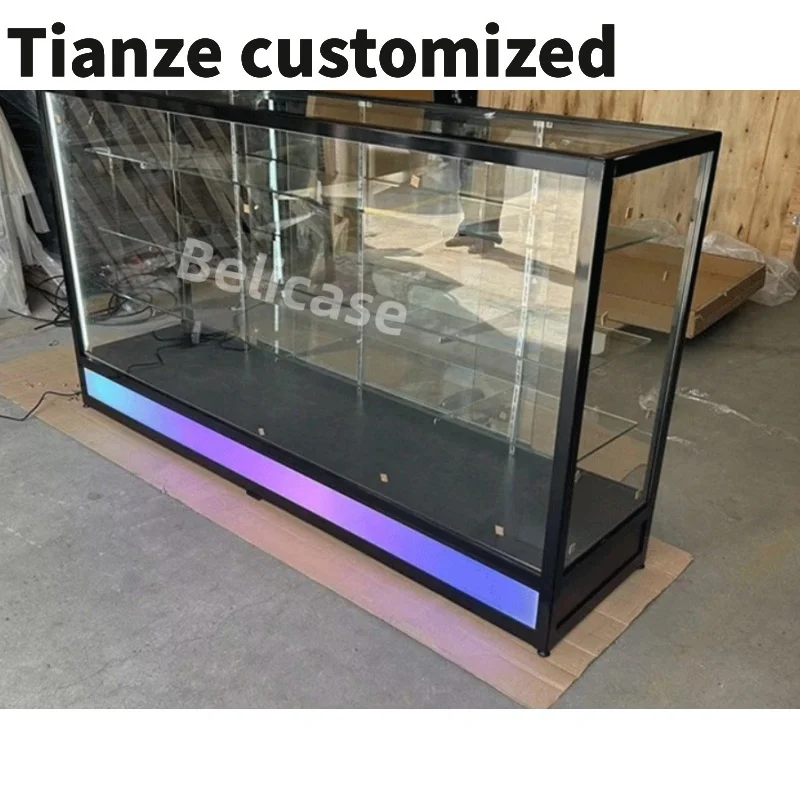 

Customized-best seller store display showcase aluminum frame glass display with light smoke shop glass retail count