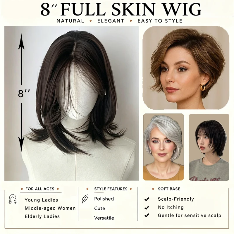 Upgraded 8'' Full Skin Base Toupee Pixie Cut Hair System for Women Short Bob Versatile Fashion Wig for Daily Wear Hairpieces
