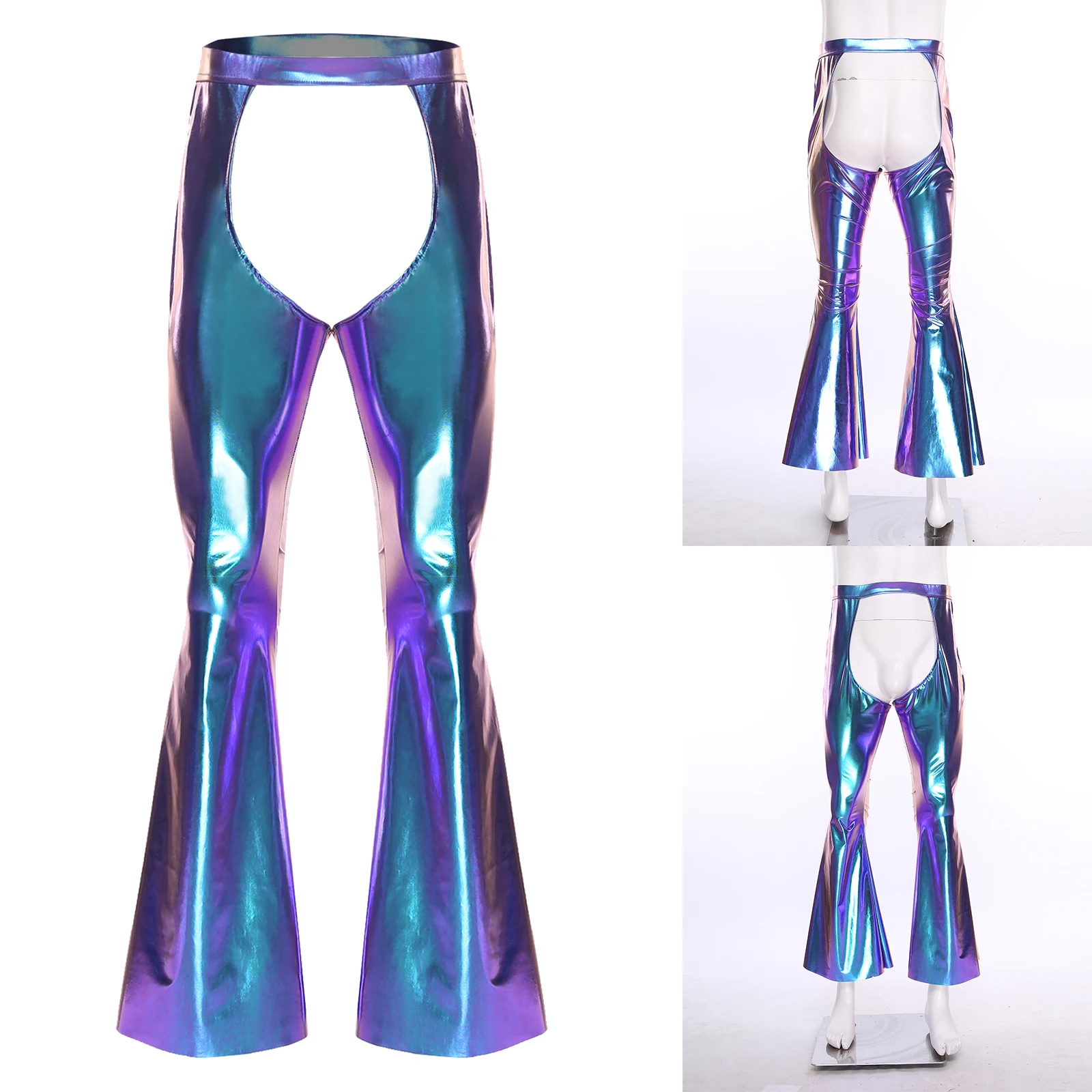 

Men Fashion Open Crotch Metallic Chaps Flared Pants Elastic Waistband Bell-Bottom Trousers for Club Party Stage Performance Wear