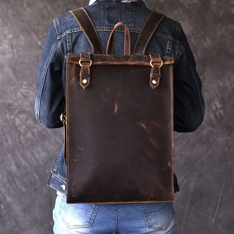 Vintage men's Biker Real leather Backpack 100% Oli Genuine Leather Women Laptop Book Bagpack Backpacks travel Bags Male Rucksack