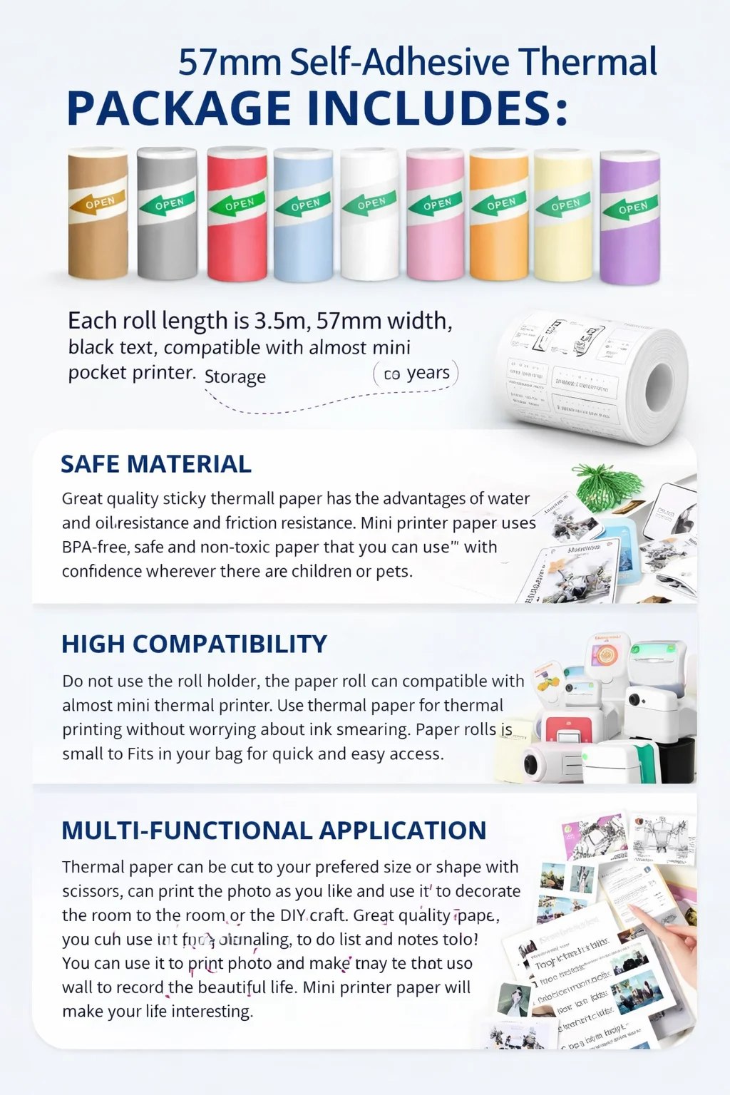 10-Color Self-Adhesive Thermal Paper Rolls 57x25mm, for Portable Printers & Instant Cameras, Scrapbooking, Journaling, Gift Tags