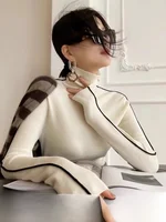 Korean Style High Collar Long Sleeve Knitted Sweater Women's Fashion Inner Wear Base Shirt Top Peixi Commute Style Pure Color 2