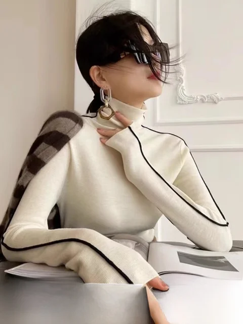 Korean Style High Collar Long Sleeve Knitted Sweater Women's Fashion Inner Wear Base Shirt Top Peixi Commute Style Pure Color 2 Korean Style High Collar Long Sleeve Knitted Sweater Women's Fashion Inner Wear Base – view 2
