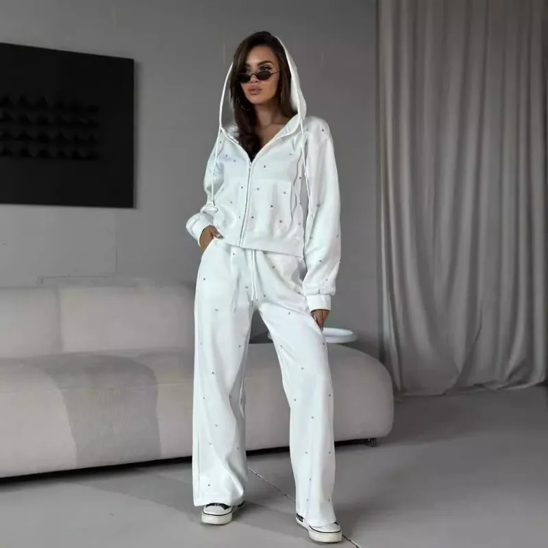 

Women's Autumn New High Street Coat with Hat Zipper Long-sleeved Top Waist Drawstring Pants Two-piece Set Fashionable and Loose