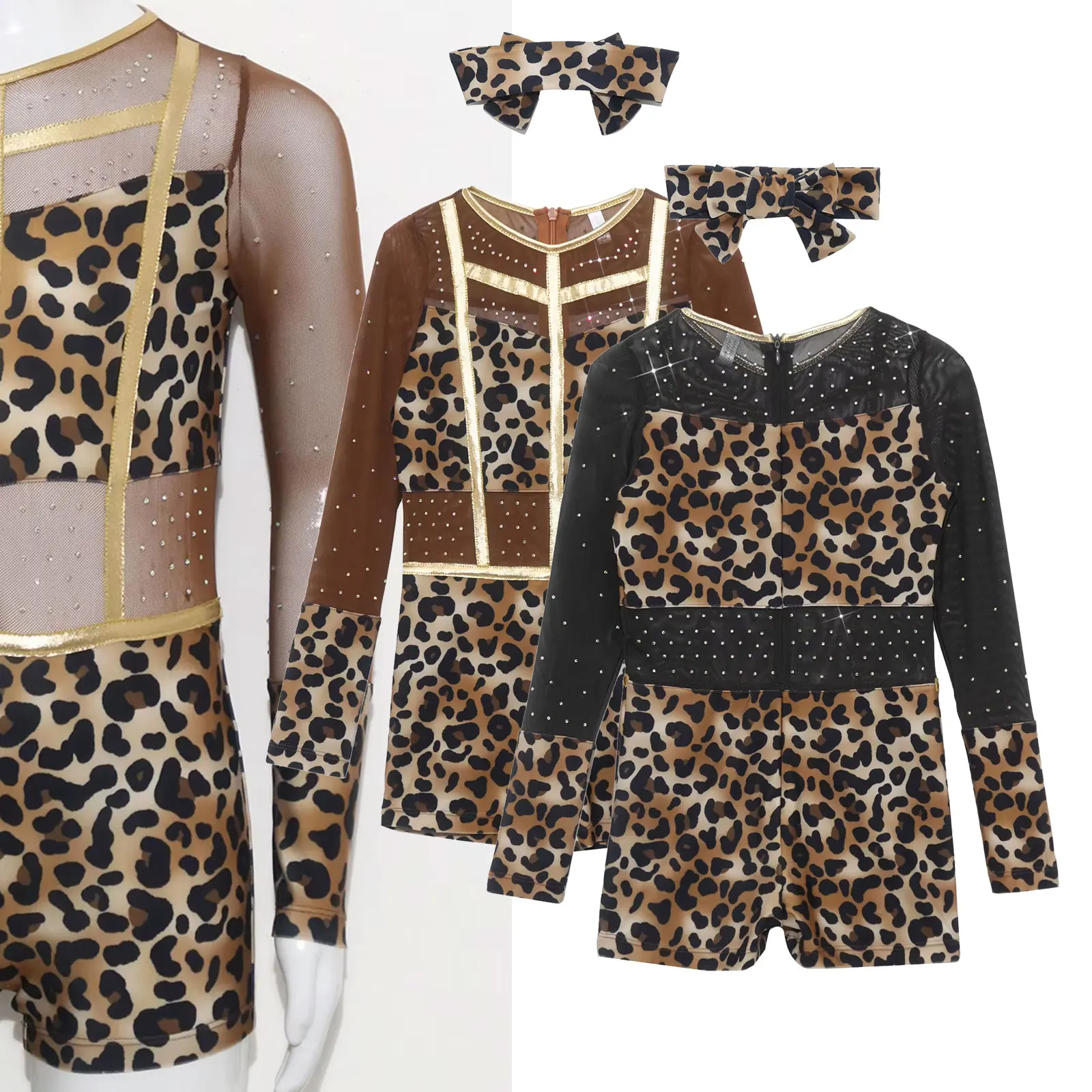 Leopard Print Kids Biketard Girls Long Sleeve Mesh Gymnastics Bodysuit Shorty Bike Gymnastics Ballet Leotard Unitard Dancewear