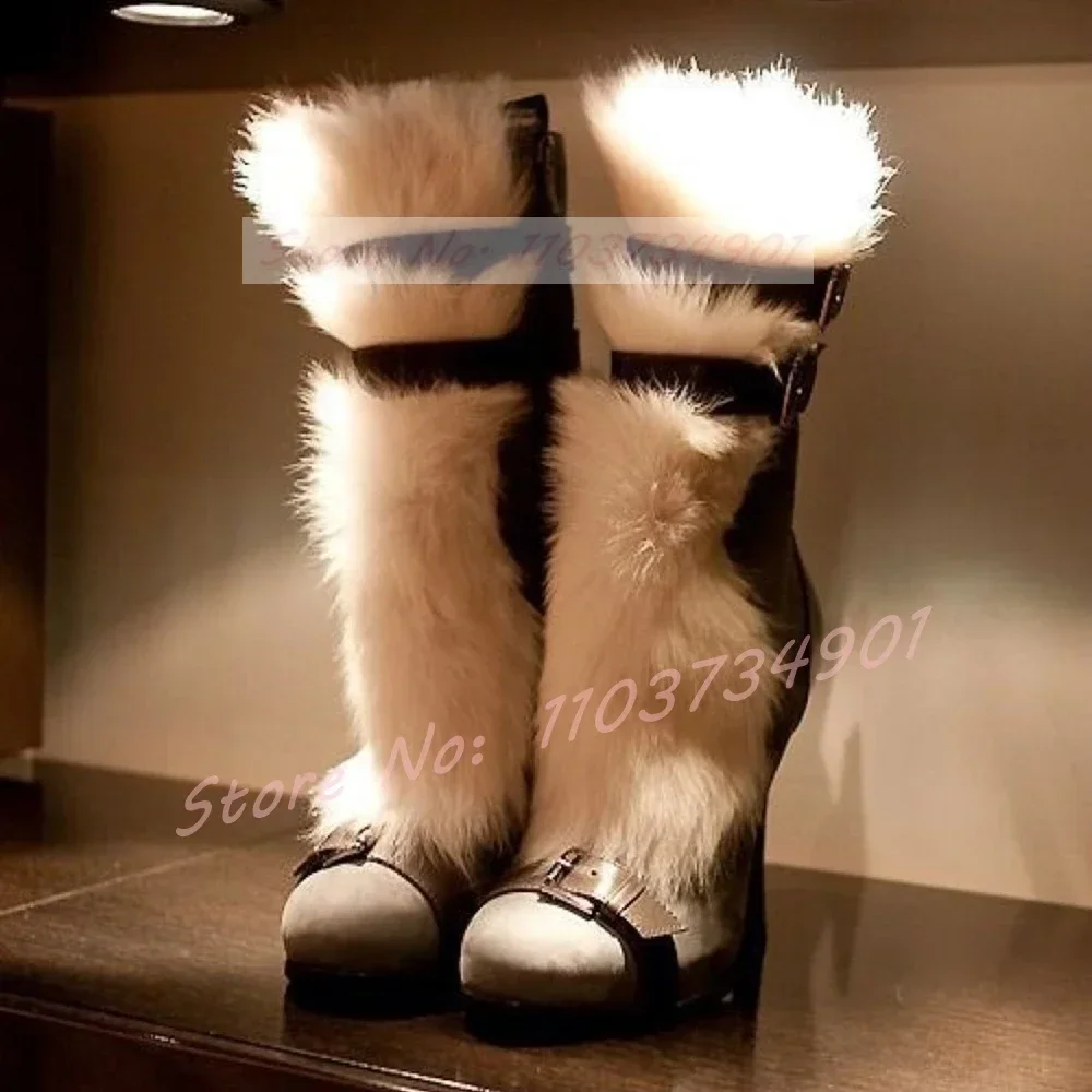 الأبيض الفراء حزام مشبك أسافين أحذية النساء جولة تو عالية الكعب الجوارب الدافئة الإناث الشتاء حزب موضة حذاء من الجلد