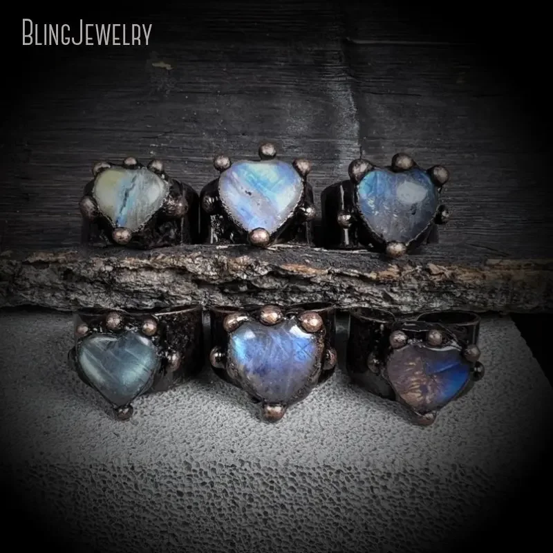 10pcs Y2k Accessary Moonstone Statement Stainless Steel Heart Ring Fidget  Anti stress Witchcraft Wicca Goth Halloween Jewelry