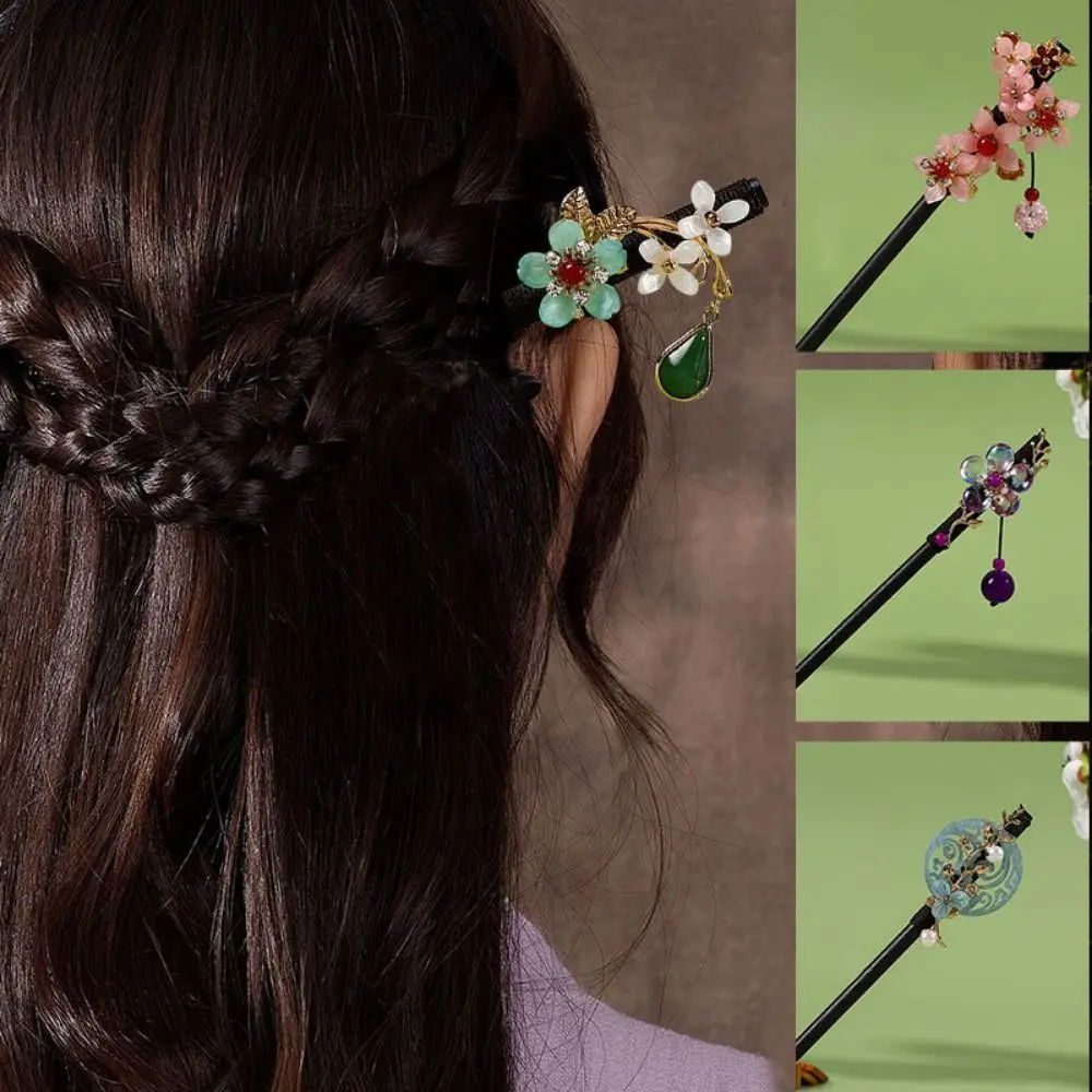 

1 Pc Flower Hair Sticks Chinese Handmade Wooden Hairpins Ancient Style Hanfu Hair Forks With Tassel