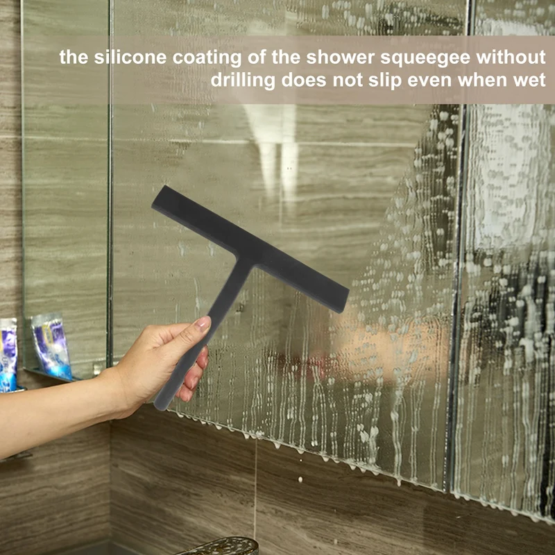 Shower Squeegee, Silicone Window Squeegee Black Wiper Without Drilling Shower Cleaner With Hanging Hook