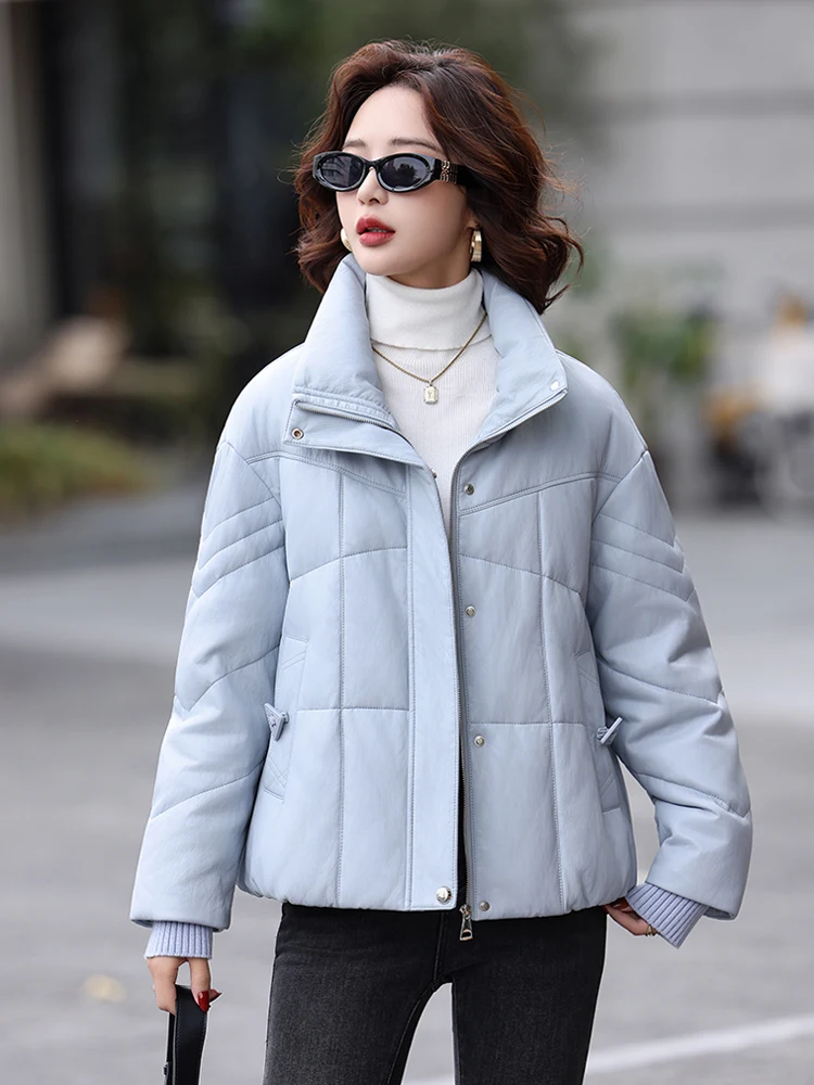 Giacca in Vera Pelle da Donna, Cappotto Casual Imbottito in Piuma d'Oca, Pelliccia di Agnello, Caldo e Imbottito con Chiusura a Cerniera, Nuovo Modello Invernale